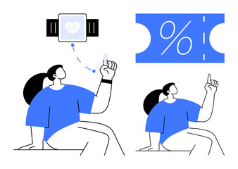 Two people interacting with digital elements, one monitors health with a smartwatch, the other points at a discount icon. Ideal for technology, fitness, healthcare, shopping, digital apps, health