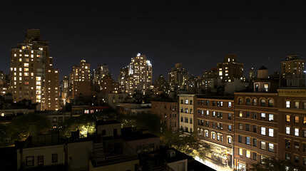 Night cityscape view of illuminated residential buildings and skyscrapers.  A captivating urban scene at night.