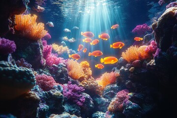Vibrant coral reef, colorful fish, sunlit ocean.