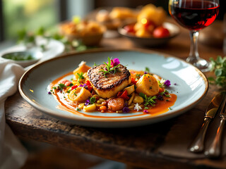 Elegant Presentation of Gourmet Dish with Wine on Rustic Wooden Table. Gourmet culinary dish elegantly styled on a ceramic plate, paired with red wine in a rustic setting.
