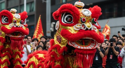 Fototapeta premium Vibrant Red and Gold Lion Dancer Costume with Festive Crowd Backdrop