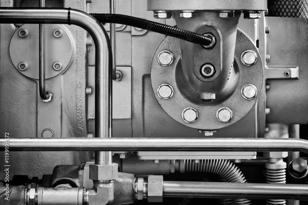 Aufkleber A close up of a machine with a lot of bolts and nuts. The bolts and nuts are in various sizes and are spread out across the machine. The machine appears to be old and has been well-used