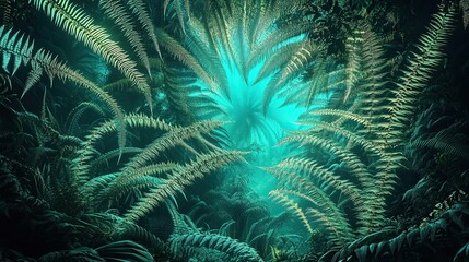 Dreamlike glowing ferns and tropical vines intertwining as abstract patterns