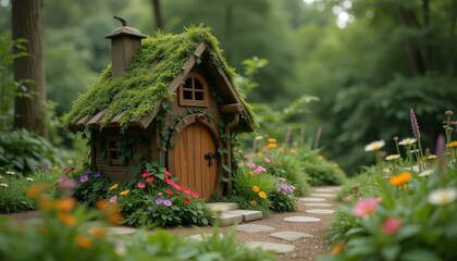 Miniature house with green roof in blooming garden
