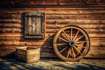 Obraz premium Minimalist Wooden Cart Wheel & House Box