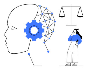 Head profile with gear and network inside, scales of justice, person pondering. Ideal for technology, AI development, machine learning, ethics, human cognition decision-making fairness. Abstract