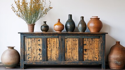 A wooden cabinet and decorative pieces adorn a living room against a blank white wall.