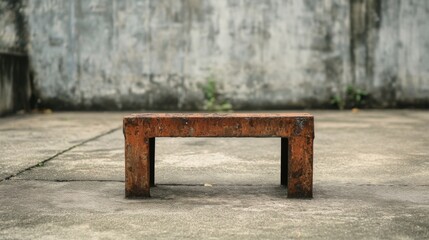 Rusty metal stool against weathered concrete wall.