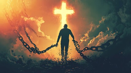 A powerful representation of a man breaking free from chains of sin, stepping into a bright future. A Christian cross at the pinnacle symbolizes faith and salvation.

