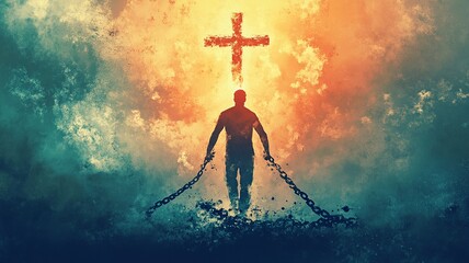 A powerful representation of a man breaking free from chains of sin, stepping into a bright future. A Christian cross at the pinnacle symbolizes faith and salvation.

