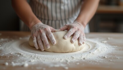 Kneading fresh dough by hand on a floured surface