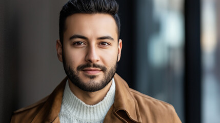 Fototapeta premium Middle Eastern man in winter fashion portrait. Ideal for urban style, modern masculinity, or casual elegance.
