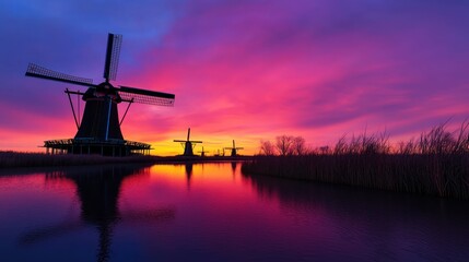 Scenic sunset over windmills reflecting in calm waters.