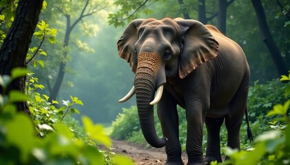 Fototapeta premium A majestic elephant wanders through a lush green forest, surrounded by vibrant foliage.