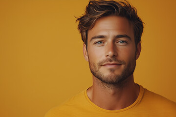 Fototapeta premium Portrait of confident male model posing on yellow background. Copy space