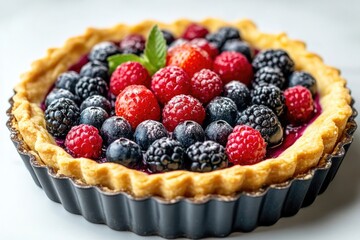 Delicious tart adorned with vibrant berries and fresh mint leave