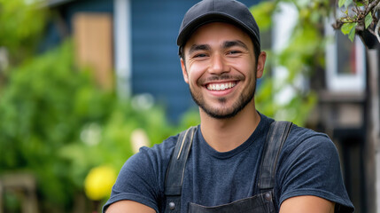 Cheerful handyman in cap and work gear against residential background. Perfect for home services marketing, skilled trade recruitment, or DIY content.