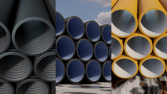 Close up collage of stack of plastic pipes. Footage featuring double-layer polyethylene pipes can serve as an industrial background. 3D rendering.