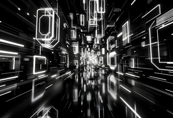 Abstract Glowing Geometric Tunnel: A Monochromatic Digital Art Piece