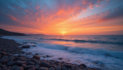 Obraz premium Sunset over rocky beach with glowing clouds and waves
