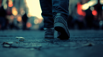 Fototapeta premium Low angle close-up of walking feet on urban ground. Perfect for journey metaphors, life decisions, or personal development concepts.