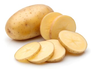 Young potato and slices isolated on white background