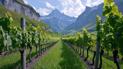 Scenic vineyard landscape with mountains in the background.