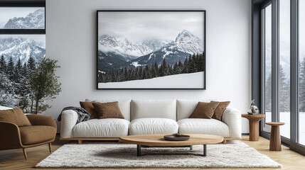 Cozy living room with modern decor and mountain view during winter season