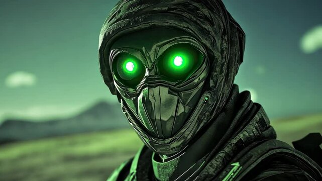 Alien combat soldier traverses a desert landscape under a starry night with glowing green eyes, Alien combat soldier in desert at night, green glowing eyes