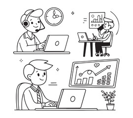 One line art set business flat vector illustration design
cartoon character working action style concept. online video conference meeting. business planning. data analytics