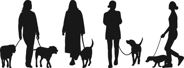 people walking dogs silhouette set vector