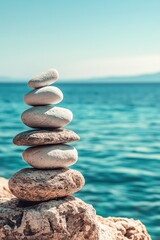 Fototapeta premium A tranquil scene of stacked stones by the water, ideal for reflection and relaxation.