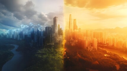 Dramatic Cityscape Divided by Light and Shadow Urban Skyline Modern Architecture Highrise Buildings Sunset Sunrise Contrast Dynamic Digital Art Cityscape       