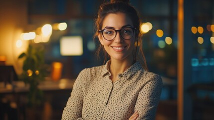 Smiling woman in glasses, wearing a business shirt in an office setting.