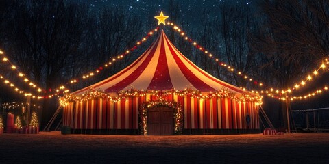 A vibrant circus tent at night, illuminated with festive lights that resemble glowing stars.