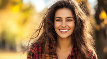 Naklejka premium Cheerful woman in plaid shirt with natural smile. Ideal for authentic lifestyle, personal branding, or positive mindset content.