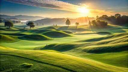 Obraz premium Rolling hills of lush green grass on a golf course during sunrise with dew glistening on the blades, golf field