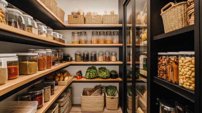clean and organized pantry featuring transparent food storage containers, baskets, and neatly arranged shelves. space is functional and visually appealing, perfect for efficient meal prep