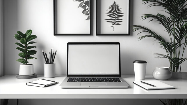 a laptop computer sitting on a desk next to a plant