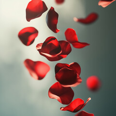 3D vibrant red rose petals floating gracefully in the air, romantic atmosphere 