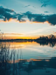 Obraz premium Serene sunset over still lake with skyline reflected in calm waters.