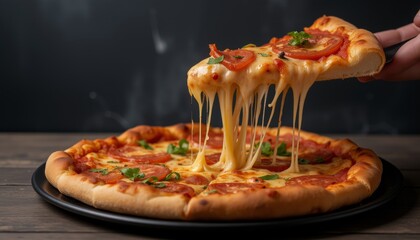  Cheesy pizza slice being pulled with melted cheese