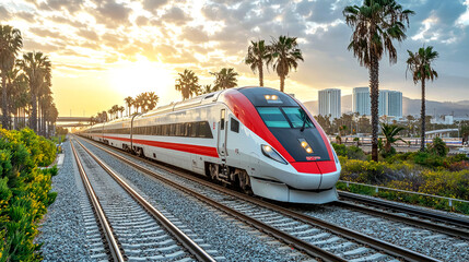 Naklejka premium High-Speed Train at Sunset: A Scenic Rail Journey
