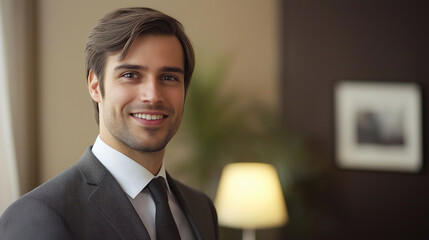 Professional man in suit with confident smile indoors. Ideal for financial services, consulting, or business advisory content.