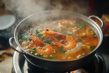 Pot of delicious, spicy shrimp gumbo in a black pot. Garnished with cilantro and served on a table, ready to eat.