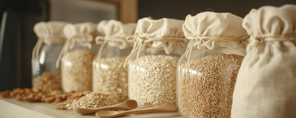 Close up of glass containers filled with various grains like oats, rice, and lentils, showcasing natural and rustic kitchen aesthetic. Perfect for healthy living