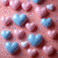 Fototapeta premium ‘Love in Every Moment’ text with small heart-shaped icons scattered around, simple pastel tones. Bright lighting, contrast with copy space for text