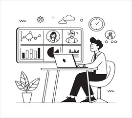 One line art set business flat vector illustration design
cartoon character working action style concept. online video conference meeting. business planning. data analytics