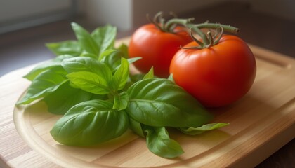 Basil leaves and tomatoes on wooden cutting board