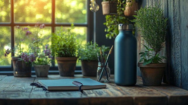 a wooden table with a book, pen, and a water bottle